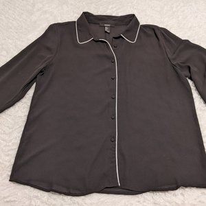 ❤️ Forever 21 L Black Buttondown Collared Blouse with White Piping